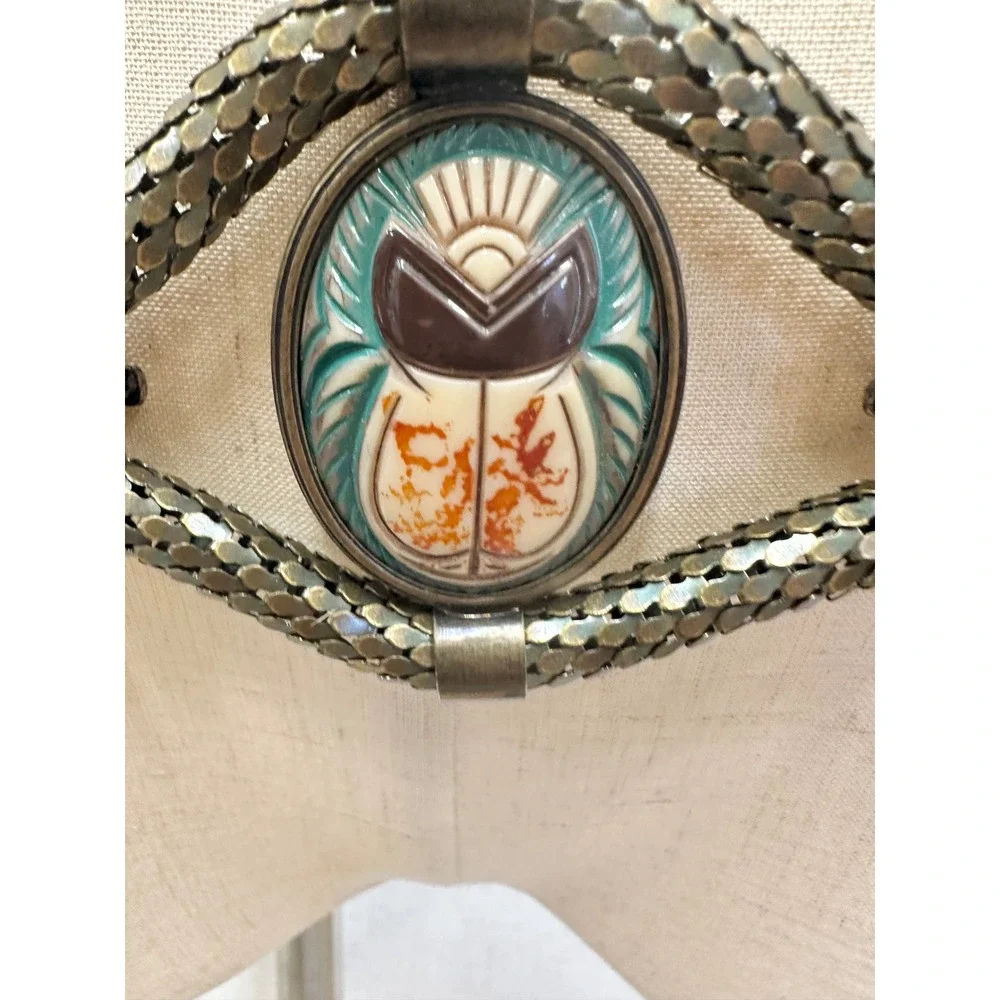 Vintage Egyptian Revival Scarab Beetle Antique Brass Mesh Chain Belt Women SM